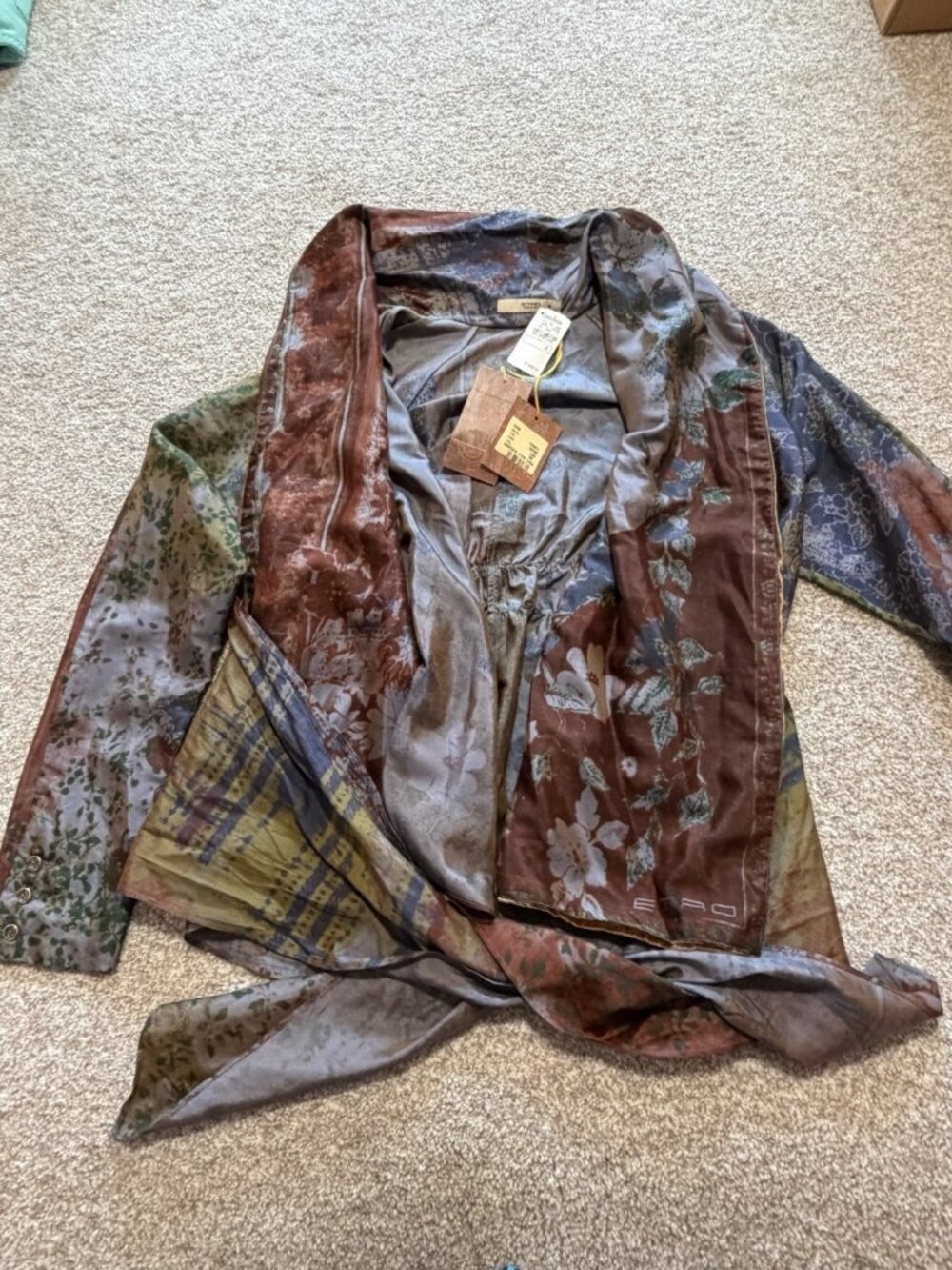 ETRO Italy Silk Women's Kimono Floral Metallic Open Front Tie Waist Jacket Sz 4